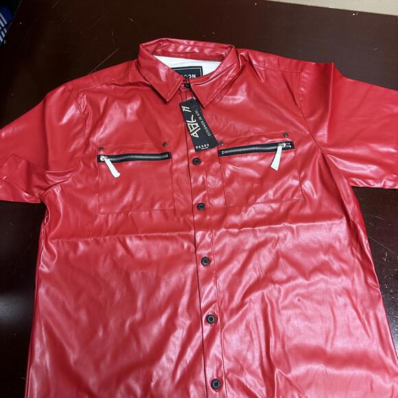 Reason Clothing red faux leather but in front shirt with leather pants LARGE - Picture 5 of 6